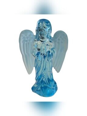 Vintage Handblown Praying Angel Figurine Blue Glass Frosted Wings 4" Taiwan